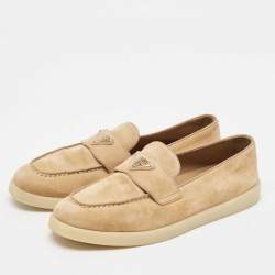 Prada Beige Suede Logo Plaque Slip On Loafers Size 39