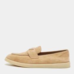 Prada Beige Suede Logo Plaque Slip On Loafers Size 39