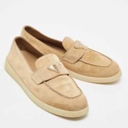 Prada Beige Suede Logo Plaque Slip On Loafers Size 39
