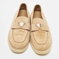 Prada Beige Suede Logo Plaque Slip On Loafers Size 39