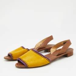 Pre Owned Prada Yellow/Brown Suede and Leather Flat Slingback Sandals Size 37.5