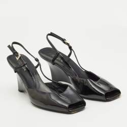 Pre Owned Prada Black Patent Leather Wedge Slingback Sandals Size 37.5