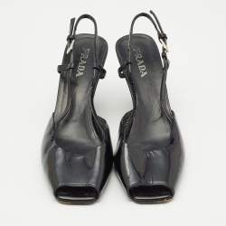 Pre Owned Prada Black Patent Leather Wedge Slingback Sandals Size 37.5