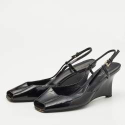 Pre Owned Prada Black Patent Leather Wedge Slingback Sandals Size 37.5