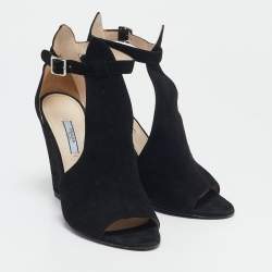 Prada Black Suede Wedge Ankle Strap Sandals Size 40
