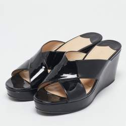 Prada Black Patent Leather Criss Cross Wedge Platform Slide Sandals Size 41