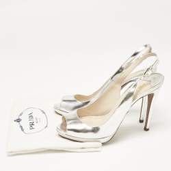 Prada Silver Laminated Leather Peep Toe Slingback Pumps Size 40