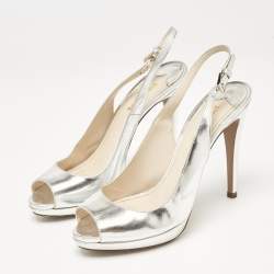 Prada Silver Laminated Leather Peep Toe Slingback Pumps Size 40