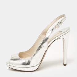 Prada Silver Laminated Leather Peep Toe Slingback Pumps Size 40