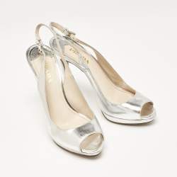 Prada Silver Laminated Leather Peep Toe Slingback Pumps Size 40