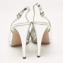 Prada Silver Laminated Leather Peep Toe Slingback Pumps Size 40