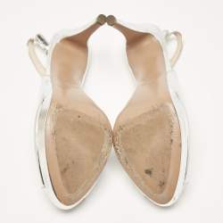 Prada Silver Laminated Leather Peep Toe Slingback Pumps Size 40