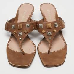 Pre Owned Prada Olive Green Leather Thong Sandals Size 37.5