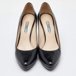 Prada Black Saffiano Patent Leather Platform Pumps Size 40.5