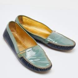 Prada Two Tone Blue Patent Leather Slip On Loafers Size 40