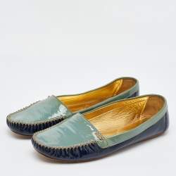 Prada Two Tone Blue Patent Leather Slip On Loafers Size 40