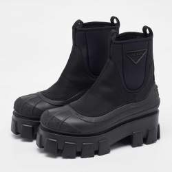 Pre Owned Prada Black Neoprene and Rubber Monolith Ankle Length Boots Size 36.5
