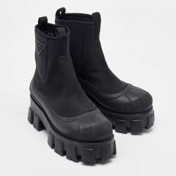 Pre Owned Prada Black Neoprene and Rubber Monolith Ankle Length Boots Size 36.5