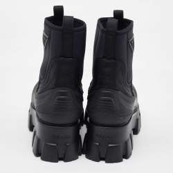 Pre Owned Prada Black Neoprene and Rubber Monolith Ankle Length Boots Size 36.5