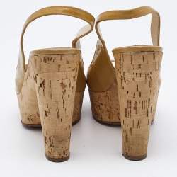 Prada Beige Patent Leather Open Toe Cork Platform Slingback Sandals Size 36.5