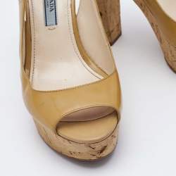 Prada Beige Patent Leather Open Toe Cork Platform Slingback Sandals Size 36.5