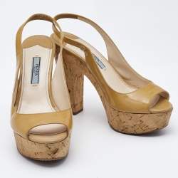Prada Beige Patent Leather Open Toe Cork Platform Slingback Sandals Size 36.5
