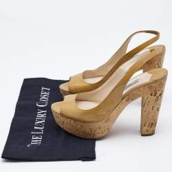 Prada Beige Patent Leather Open Toe Cork Platform Slingback Sandals Size 36.5