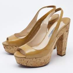 Prada Beige Patent Leather Open Toe Cork Platform Slingback Sandals Size 36.5