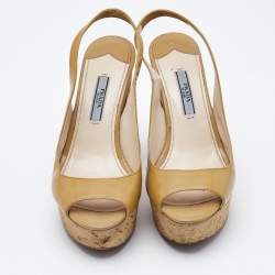 Prada Beige Patent Leather Open Toe Cork Platform Slingback Sandals Size 36.5