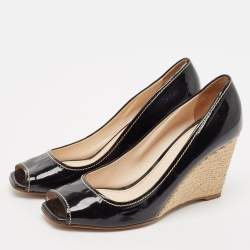 Pre Owned Prada Black Patent Open Toe Espadrille Wedge Pumps Size 39.5