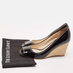 Pre Owned Prada Black Patent Open Toe Espadrille Wedge Pumps Size 39.5