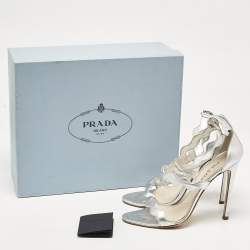 Prada Silver Leather Ankle Strap Sandals Size 38