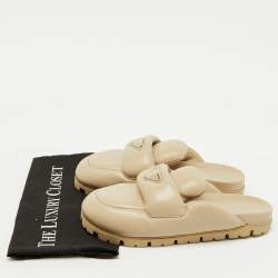 Prada Beige Leather Triangle Logo Soft Padded Mules Size 38.5