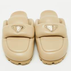 Prada Beige Leather Triangle Logo Soft Padded Mules Size 38.5