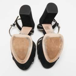 Prada Black/Gold Suede And Leather Open Toe Ankle Strap Platform Sandals Size 38.5