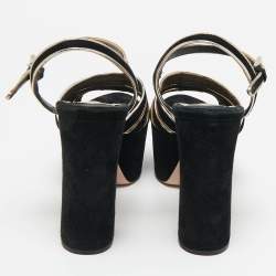 Prada Black/Gold Suede And Leather Open Toe Ankle Strap Platform Sandals Size 38.5