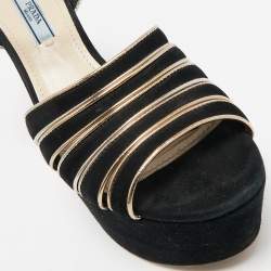 Prada Black/Gold Suede And Leather Open Toe Ankle Strap Platform Sandals Size 38.5