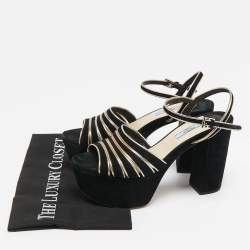Prada Black/Gold Suede And Leather Open Toe Ankle Strap Platform Sandals Size 38.5