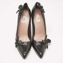Prada Black Leather Flower Pointed Toe Pumps Size 38.5
