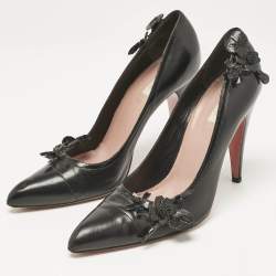 Prada Black Leather Flower Pointed Toe Pumps Size 38.5