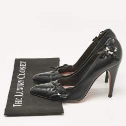 Prada Black Leather Flower Pointed Toe Pumps Size 38.5