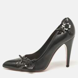 Prada Black Leather Flower Pointed Toe Pumps Size 38.5