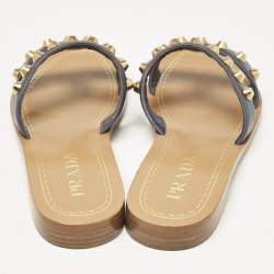 Prada Navy Blue Leather Studded Flat Slides Size 35.5  