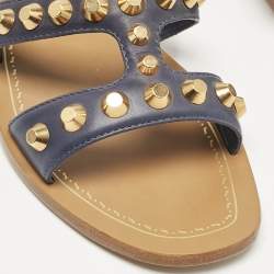 Prada Navy Blue Leather Studded Flat Slides Size 35.5  