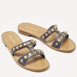 Prada Navy Blue Leather Studded Flat Slides Size 35.5  