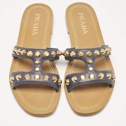Prada Navy Blue Leather Studded Flat Slides Size 35.5  