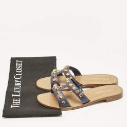 Prada Navy Blue Leather Studded Flat Slides Size 35.5  