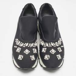 Prada Black Nylon Crystal Embellished Slip On Sneakers Size 38.5