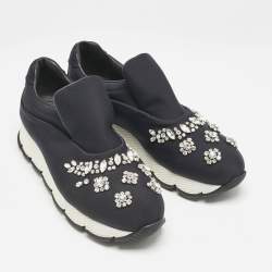 Prada Black Nylon Crystal Embellished Slip On Sneakers Size 38.5