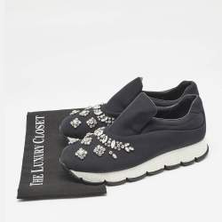 Prada Black Nylon Crystal Embellished Slip On Sneakers Size 38.5